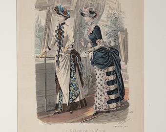 Journal des Demoiselles, stampa di moda francese antica del 1880, incisione vittoriana colorata a mano, decorazione murale.