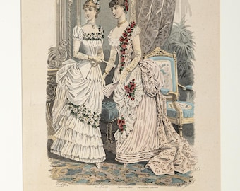 Antique 1880 French Fashion Print, Journal des Demoiselles, Hand-Colored Victorian Engraving, Wall Art