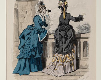 Gravure victorienne coloriée à la main, impression de mode française ancienne de 1880, Journal des demoiselles, art mural