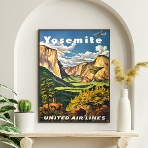 Impresión del Parque Nacional de Yosemite, cartel retro de United Airlines, arte de aviación vintage, cartel de viaje antiguo, cartel del paisaje de Yosemite