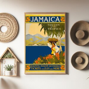 Jamaica poster, The gem of the tropics, Vintage cruiseship affiche, Tropical art, Vintage steamship poster, Colorful Caribbean art print