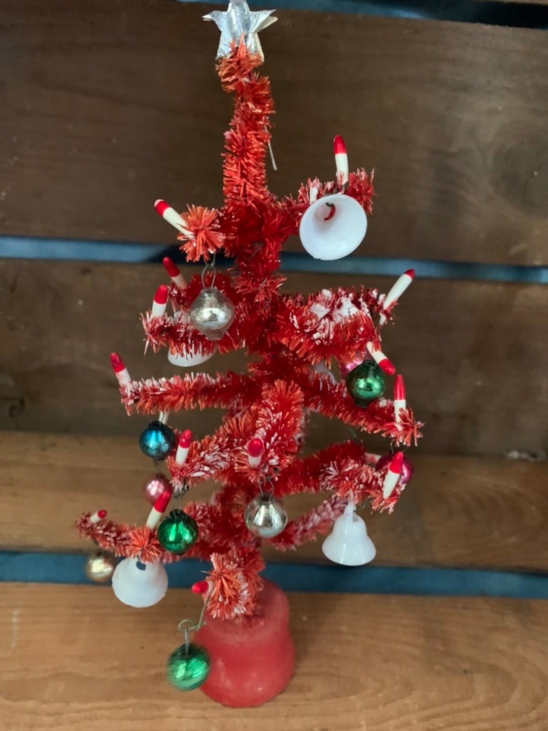 Vintage Pipe Cleaner Red Christmas Tree Mercury Glass Baubles Doll