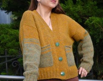 Autumn wool cardigan with pockets warm cozy urban model handmade knit Ukraine seller nice cardi sweater