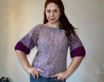 Maglione sottile e leggero in mohair, morbido e leggero, a maniche corte, lavorato a mano, negozio venditore ucraino, colore viola melange