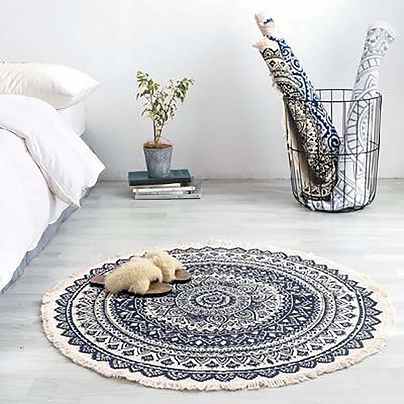Round Boho Area Rug With TasselCotton Woven Carpet For Living | Etsy