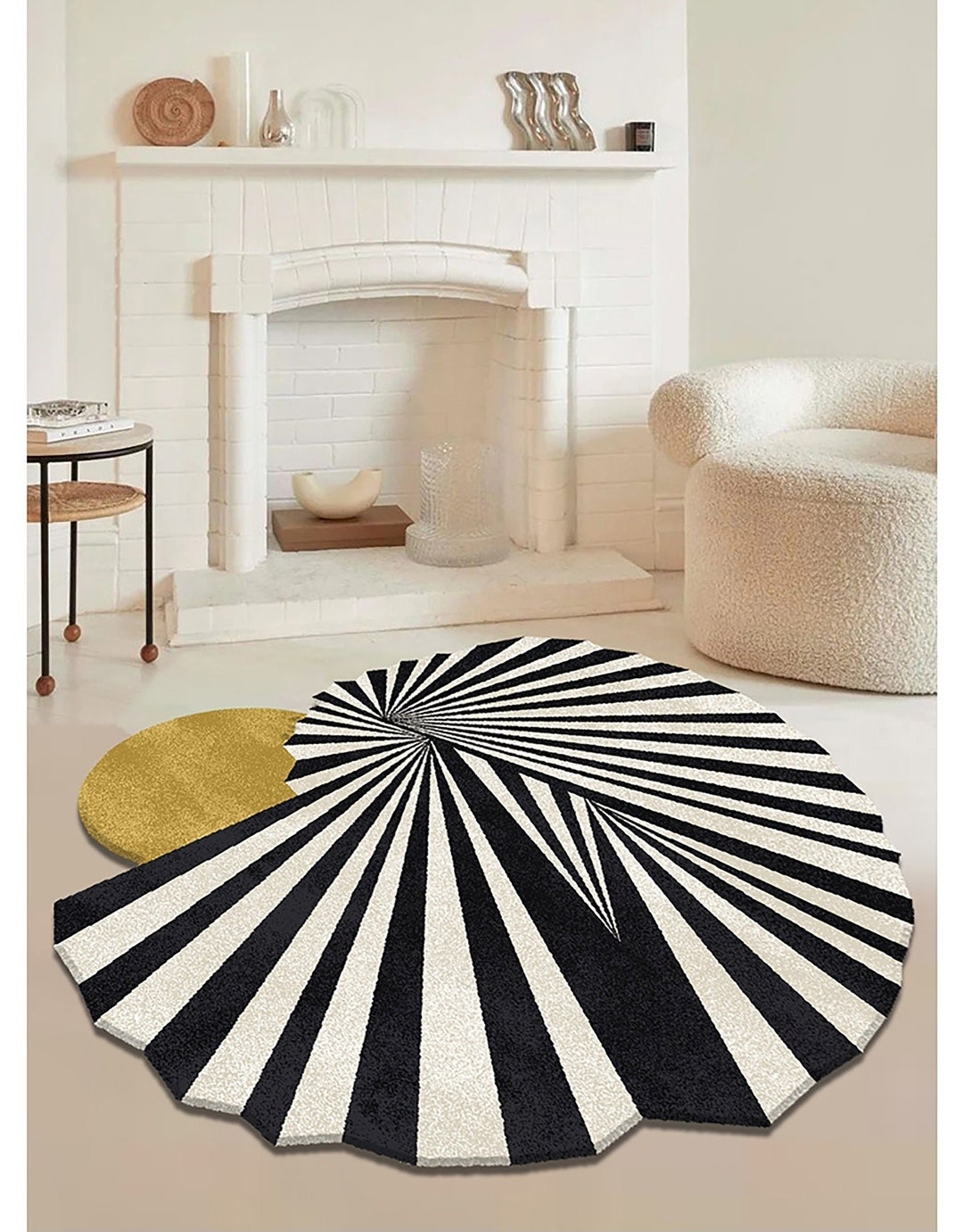 Abstract Art Design Rug Irregular Round Rugs Black and White Etsy UK