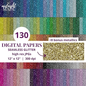 May include: 130 digital papers featuring seamless glitter patterns. The papers are high resolution JPGs, 12 inches by 12 inches, and 300 dpi. The image displays a range of colours, including blue, green, red, purple, and gold.