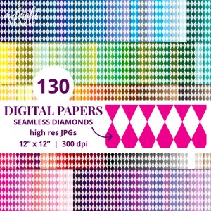 May include: A digital paper pack with 130 seamless diamond patterns in various colors. The patterns are 12 inches by 12 inches and 300 dpi.