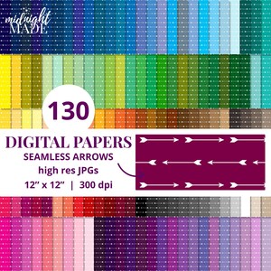 May include: A collection of 130 digital papers featuring seamless arrow patterns in various colours. The papers are high resolution JPGs, measuring 12 inches by 12 inches at 300 dpi.