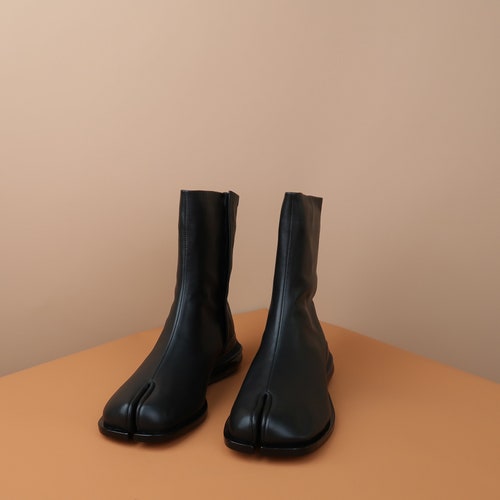 Men's Women's Split Toe Black Leather Tabi Boots with 3.5cm Heel 35-44