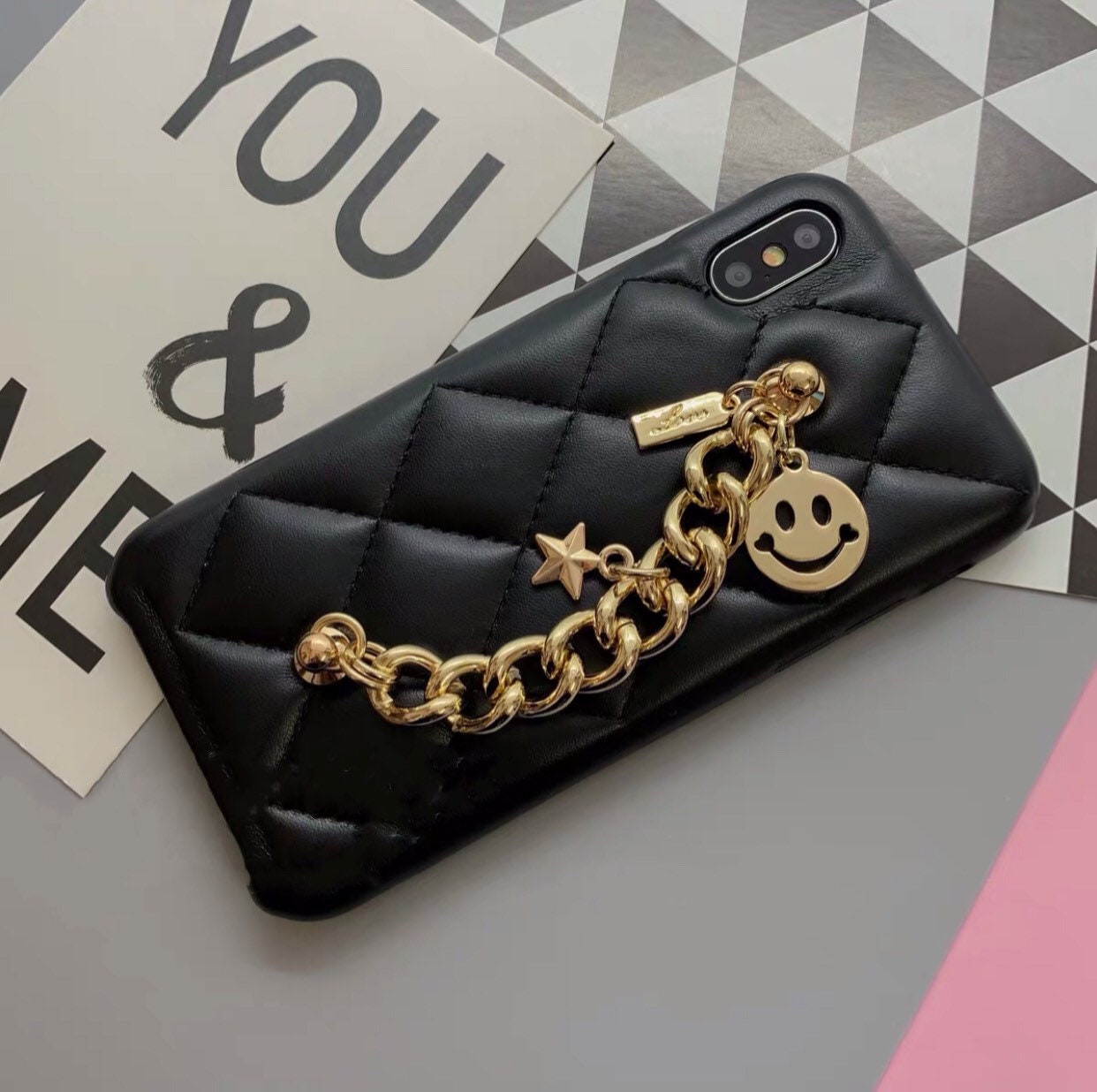 Black leather case with chain/ iphone leather case/ cute Etsy