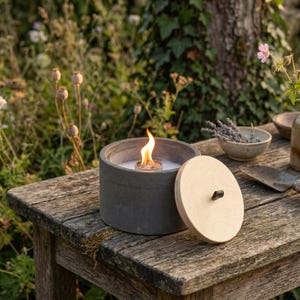 Könnte beinhalten: Eine zylindrische graue Beton-Feuerschale mit einer brennenden Flamme in der Mitte und einem runden, hellen Holzdeckel mit einem kleinen dunklen Griff, der daneben liegt. Der Behälter hat eine glatte, matte Oberfläche und eine dicke Wand.