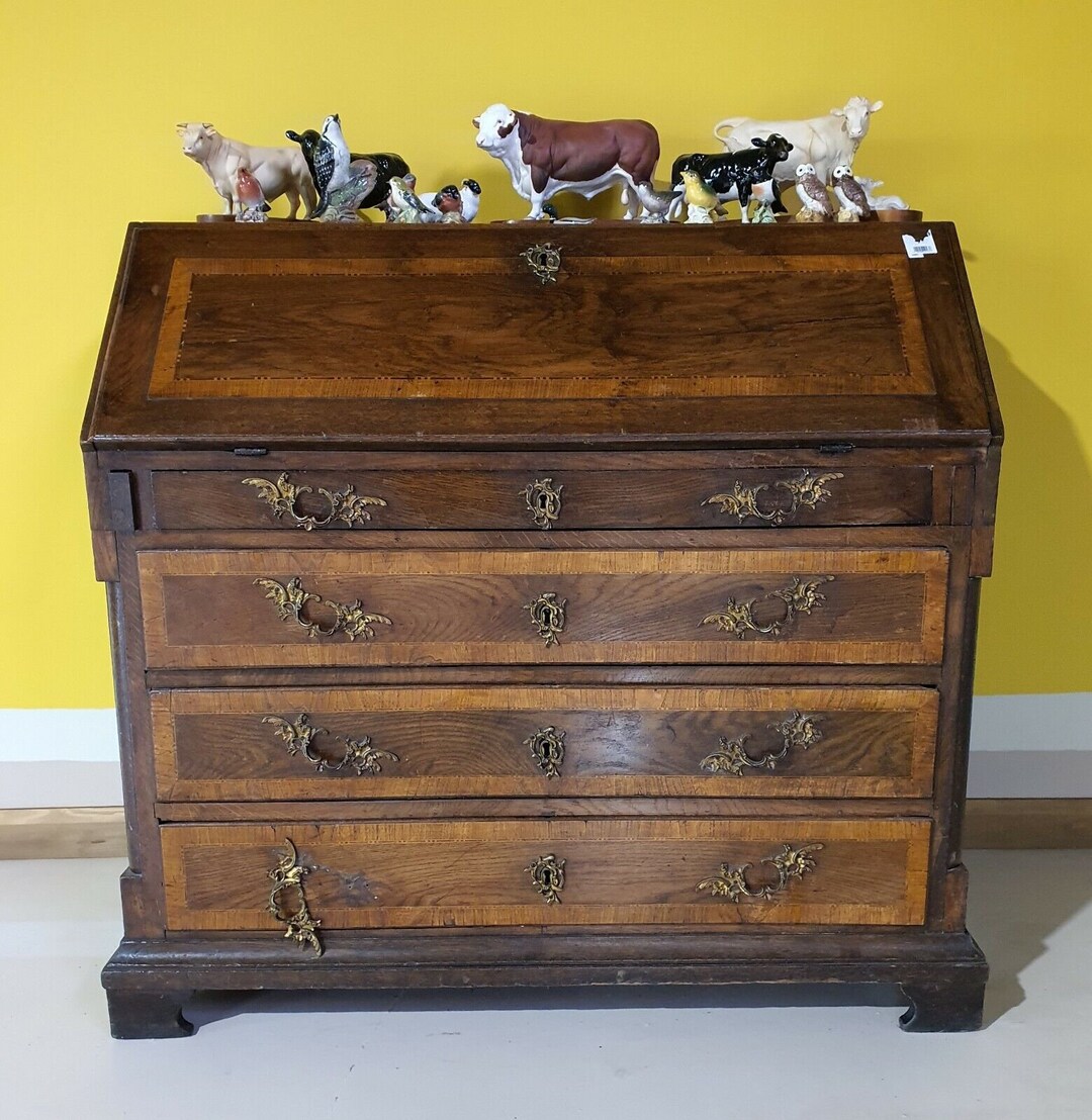 Inlaid Oak Writing Bureau With Brass Handles and Mounts 19th Etsy