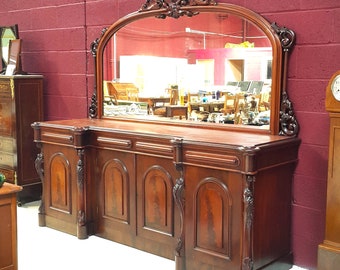 Antiek Victoriaans sierlijk gesneden mahoniehouten dressoir met spiegel en lades - F299