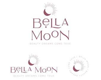 Premade Feminine Business Logo Design Set | Celestial Sunburst & Moon Logo for Small Business