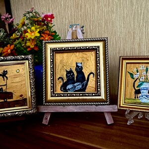 Set of 3 Painting Black Cats Acrylic Original Art Small Painting Framed Ukrainian Artist image 5