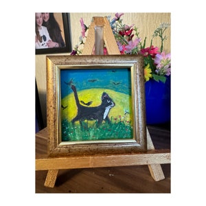 Chat noir en couronne sur le terrain #15 Peinture Acrylique Art Petite peinture 4x4 en Encadré