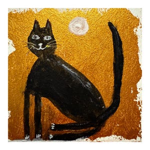 Peinture de chat noir Original Acrylique Portrait de chat drôle en ornement miniature encadré 4x4 Art naïf d’Ukraine