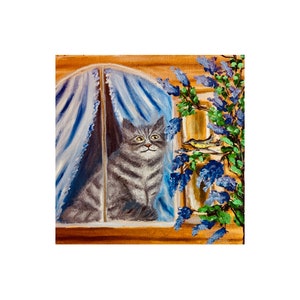 Cat Painting Pet portrait Canvas Oil Art Bird Spring Home Decor 12x12 Wall Art Ukrainian artist by Julia Bond