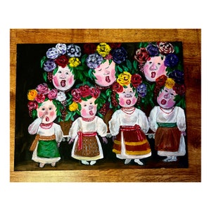 Pintura original de trajes de mujer ucraniana / Mujeres con vinca en la cabeza, regalo de tela popular ucraniana, 24 x 18, artista ucraniano