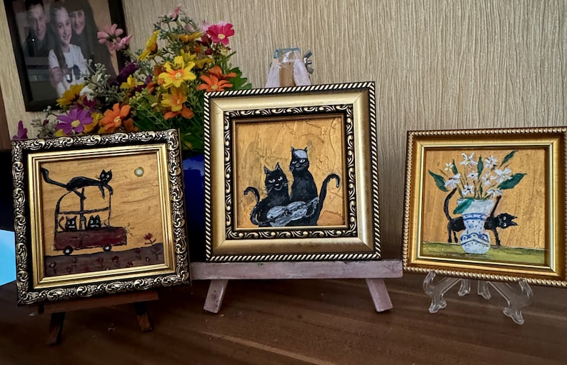 Set of 3 Painting Black Cats Acrylic Original Art Small Painting Framed Ukrainian Artist image 3
