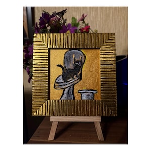 Chat noir sur les toilettes Peinture acrylique Petit cadeau encadré Décoration de salle de bain amusante Ornement miniature 4x4 Artiste ukrainien