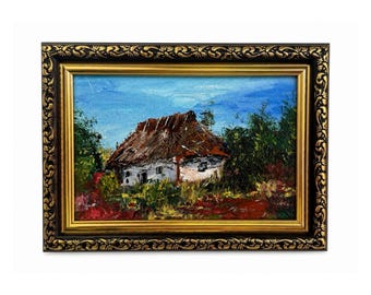 Oil Painting Original: Abandoned Old Ukrainian House , Rustic Village Landscape, One of a Kind Artwork in Frame, Ukrainian Cottage Decor