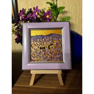 Chat noir dans un champ de lavande Peinture Acrylique Art original Petite œuvre d’art Ornement miniature Cadeau pour maman