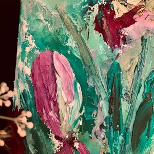 May include: Abstract painting of pink and white flowers with green leaves. The flowers are painted in a thick, textured style.