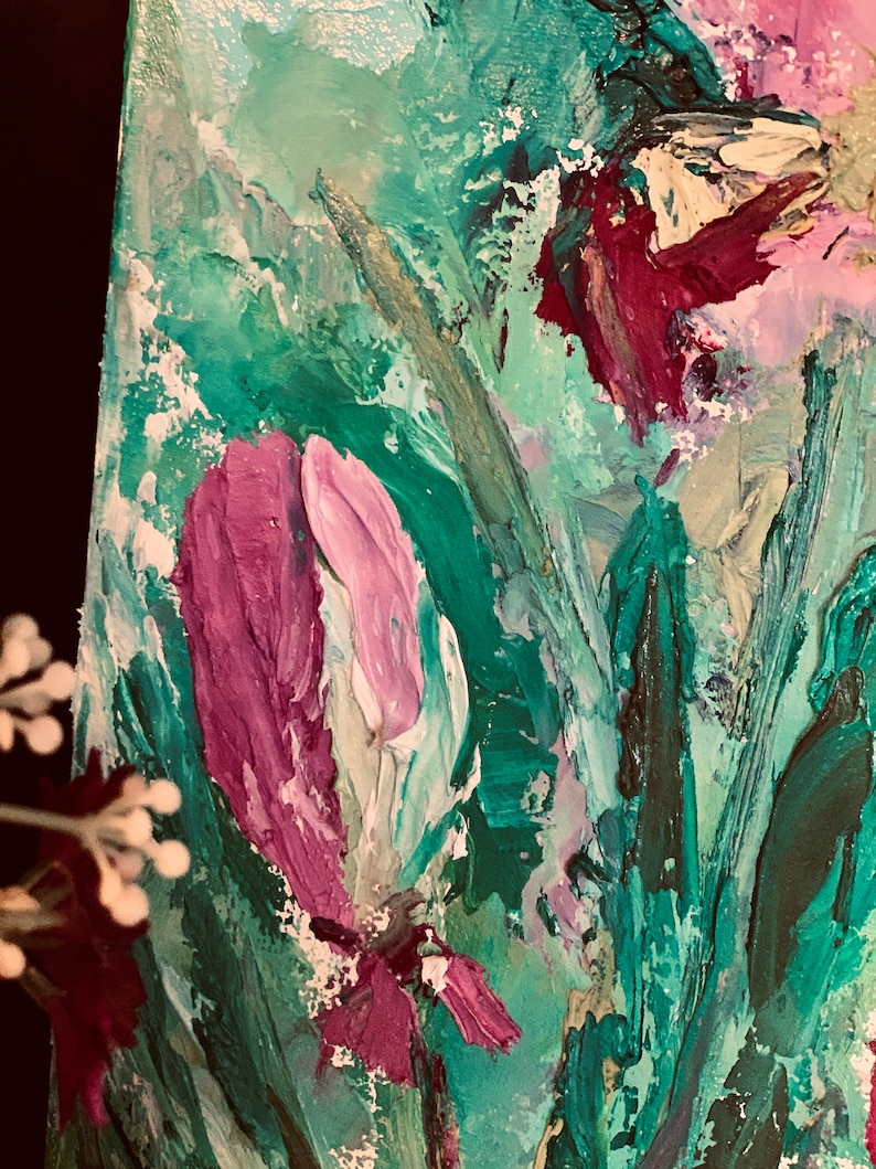 May include: Abstract painting of pink and white flowers with green leaves. The flowers are painted in a thick, textured style.