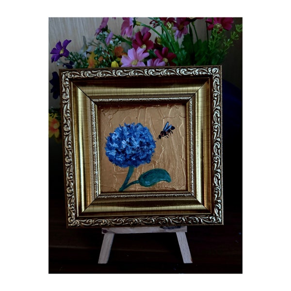 Hydrangea and bee Painting Hydrangea Painting Original Art Blue Flowers Small Painting on Cardboard 4x4