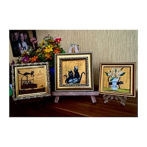 Set of 3 Painting Black Cats Acrylic Original Art Small Painting Framed Ukrainian Artist image 1