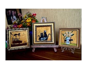 Set of 3 Painting Black Cats Acrylic Original Art Small Painting Framed Ukrainian Artist