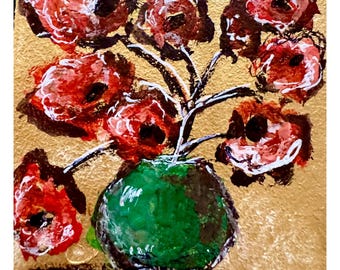 Mini Flowers Painting:  Original Acrylic Landscape with Flowers | 2 by 2" ACEO Artwork | Small Wall Art Gift