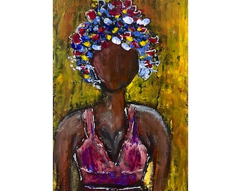 Aceo African Queen Acrylic painting Fine Art Woman Faceless Portrait Flowers