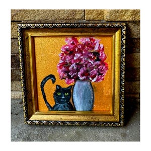 Chat noir et bouquet #25 Peinture Halloween art mural original fait à la main Encadré 4x4 petite peinture Acrylique Œuvre d'art naïve Chaton drôle