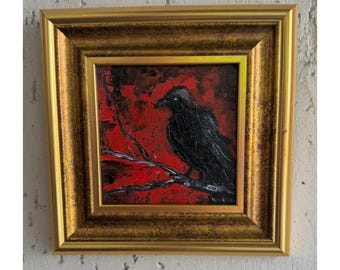 Gothic Raven Oil Painting Original, Black Crow on Branch, Dark Gothic Wall Art, Framed Oil on Board, Moody Raven Decor, Handmade Artwork