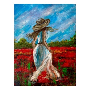 Girl in poppy field Painting Original Artwork 8''by 10'' Poppy Wall Art Summer Painting by Ukrainian artist