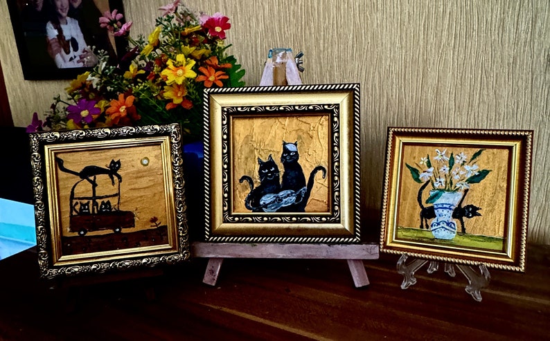 Set of 3 Painting Black Cats Acrylic Original Art Small Painting Framed Ukrainian Artist image 4