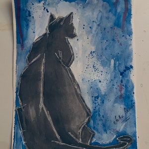 May include: A watercolor painting of a black cat sitting in profile against a blue and white background with splattered paint. The cat is outlined in white and the artist's signature is in the bottom right corner.