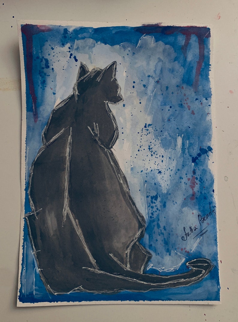 May include: A watercolor painting of a black cat sitting in profile against a blue and white background with splattered paint. The cat is outlined in white and the artist's signature is in the bottom right corner.