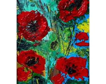 Red Poppies: Oil Painting Original Floral Artwork - Textured Flowers Wall Art Modern Botanical Decor in Framed , Impasto