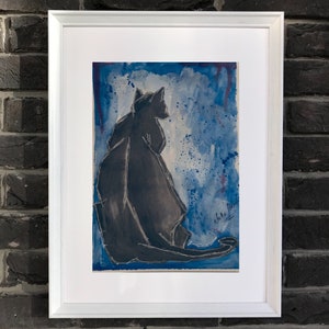 Kat zwart schilderij originele acryl kunst aquarel papier A4 Home decor kunst aan de muur