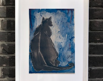 Cat Black Painting Original Acrylic Art Watercolor Paper A4 Home decor Wall Art