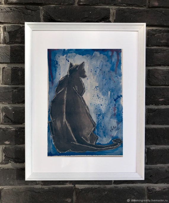 Cat Black Painting Original  Acrylic Art Watercolor Paper A4  Home decor  Wall Art
