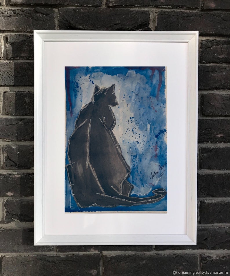 May include: A framed watercolor painting of a black cat sitting on a blue background with white splatters of paint. The artist's signature is visible in the bottom right corner.