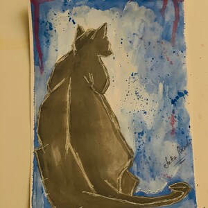 May include: Watercolor painting of a black cat sitting on a blue and white background. The cat is facing away from the viewer and has a long tail. The background is a watercolor wash of blue and white with some pink splatters. The painting is signed "Shura Paone" in the bottom right corner.