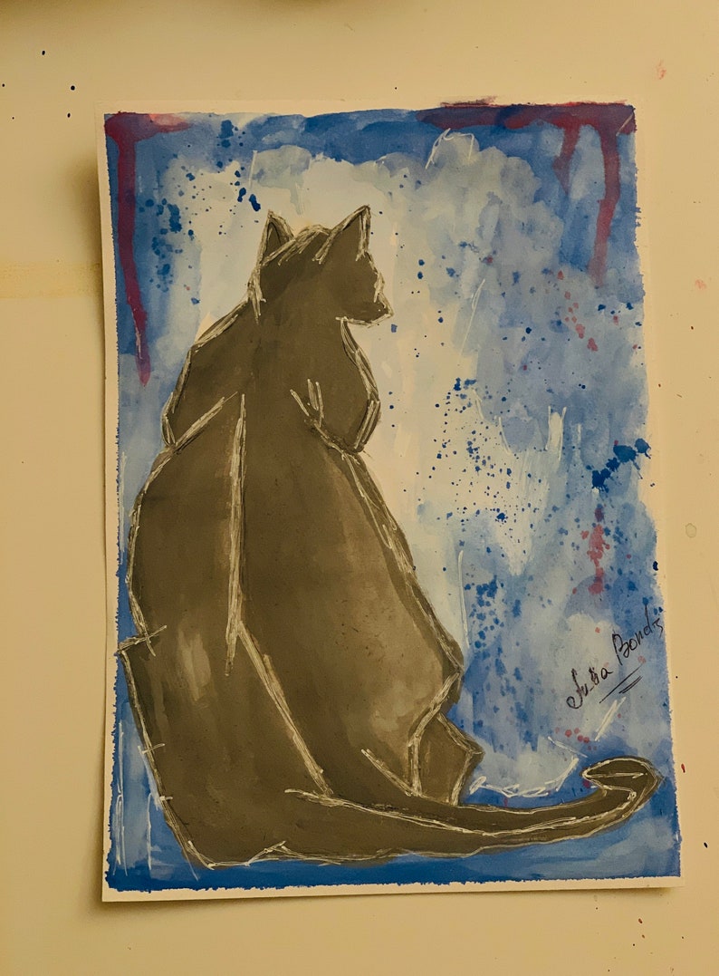 May include: Watercolor painting of a black cat sitting on a blue and white background. The cat is facing away from the viewer and has a long tail. The background is a watercolor wash of blue and white with some pink splatters. The painting is signed "Shura Paone" in the bottom right corner.