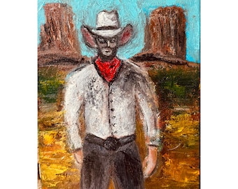 Cowboymålning i olja 7x10: Originalkonst Cowboyporträtt / Texaslandskap väggkonstverk på duk