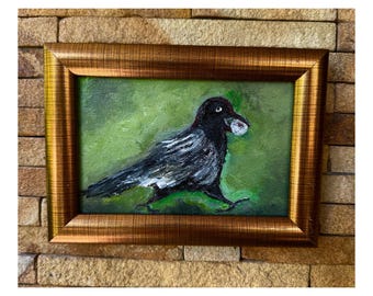 Birds Painted:  Acrylic Original Art Raven with pearl Wall decor 6x4 Handmade Ukrainian seller